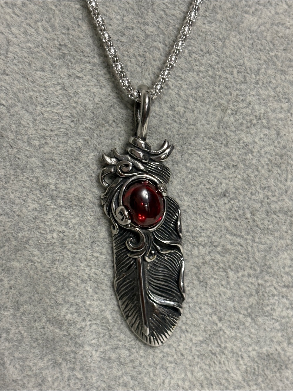 Silver Feather Pendant with Red Cabochon